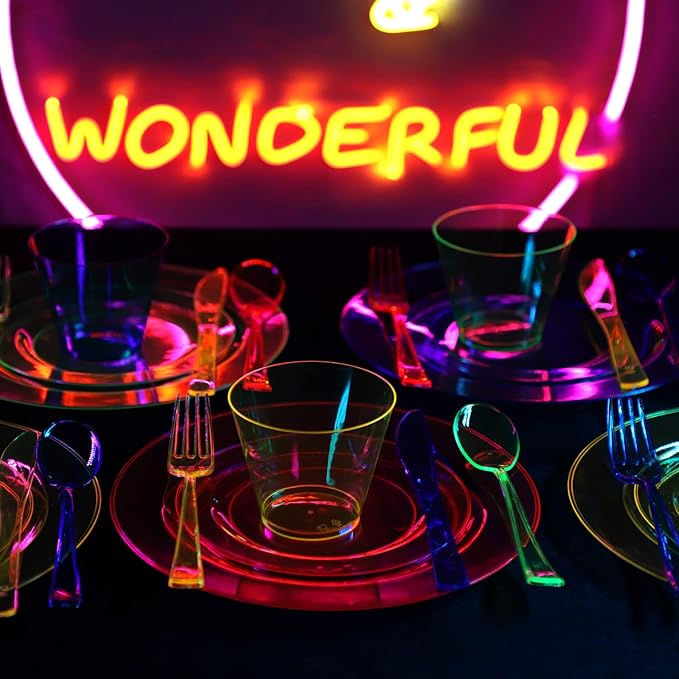 Supernal 216pcs Plastic Dinnerware Set include Rainbow Disposable Plates for Party Heavy Duty,Colorful Disposable Cups,Plastic Silveware in Neon Pink,Blue,Green,Yellow, Pefect for Birthdays