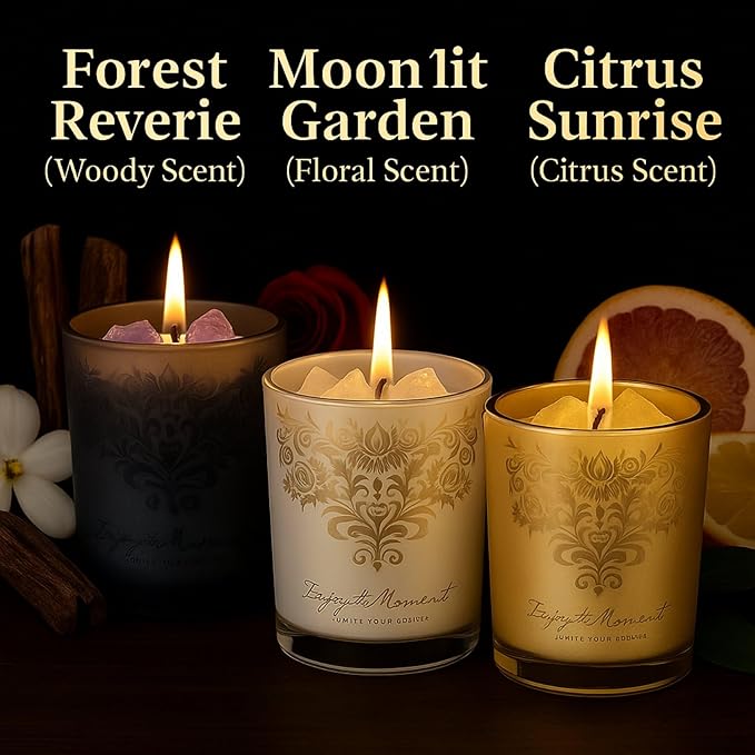 Luxury Scented Candle Gift Set – 3×7oz Crystal Glass Soy & Beeswax Aromatherapy Candles with Snuffer Lid & Wick Trimmer | Floral & Citrus Scents | Candles for Women, Home Scented & Relaxation
