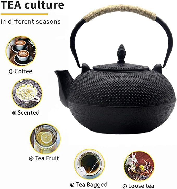 YJX 101 fl oz Extra Large and Heavy Cast Iron Teapot for Stovetop Safe, Black Tea Kettle with Stainless Steel Tea Balls for Loose Tea, Cast Iron Tea Pot for 6 to 10 People, 3000ml Japanese Tetsubin