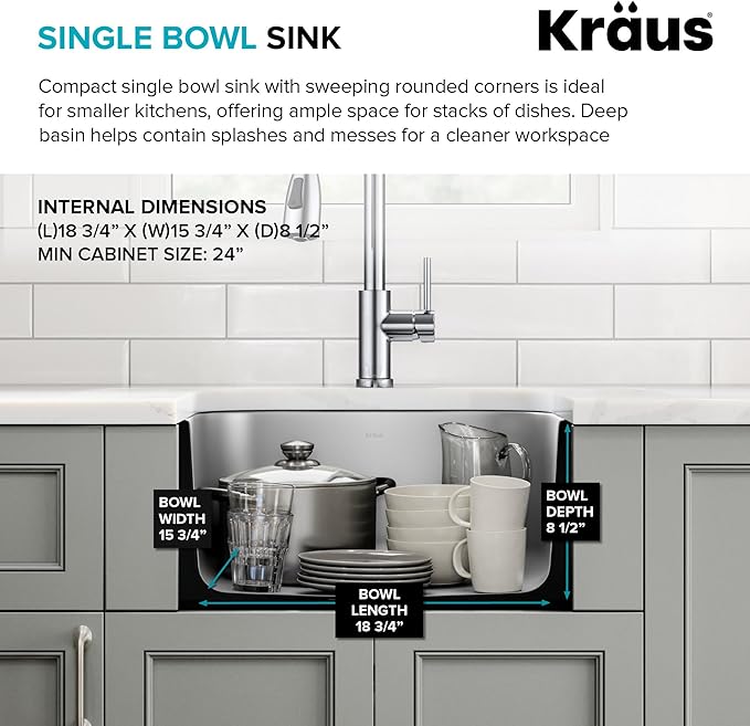 Kraus 19 3/4 Inch Stainless Steel Kitchen Sink, Durable 18 Gauge Single Bowl Kitchen Sinks Undermount, KBU11