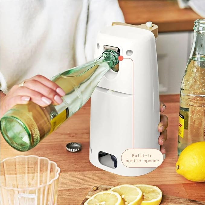 Beautiful Electric Can Opener, Auto-Turn, Knife Sharpener, Bottle Opener, Easy-Clean, Corded, One-Touch, Stainless Steel Blade (White Icing)