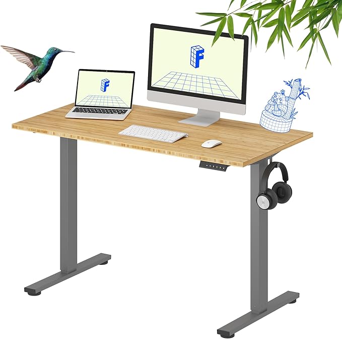 FLEXISPOT EN1 Bamboo Standing Desk, 48 x 24 Inches One-Piece Electric Height Adjustable Desk (Silver Frame + Bamboo Top, 2 Packages)