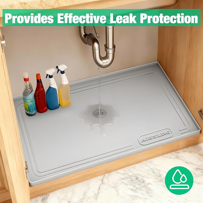 Under Sink Mat 25" X 19", Waterproof Silicone Under Sink Mats for Kitchen, Anti-Leak Shelf Liner & Cabinet Protector with Raised Edge, [BPA Free] Bathroom Tray Home Organizer, Light Grey