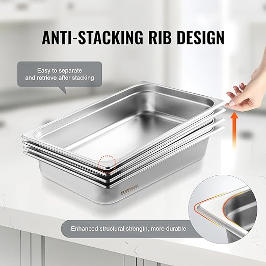 VEVOR 4 Pack Stainless Steel Hotel Pans with lid,Full Size 4 Inch Deep 0.8mm Thick Anti-Jam Commercial Food Pans for Steam Tables, Restaurants, Catering & Industrial Use