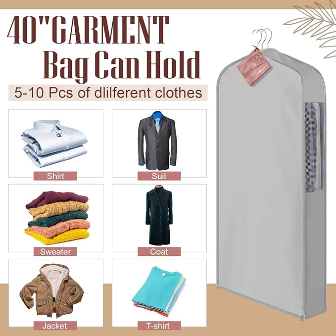 40" Cotton Garment Bag for Hanging and Storage Clothes with 4 Cedar Blocks for Fresh Smell and Moth Protection, Breathable Hanging Storage Bag for Suit Sweater Gown Fur Coat, 6'' Wide, Gray