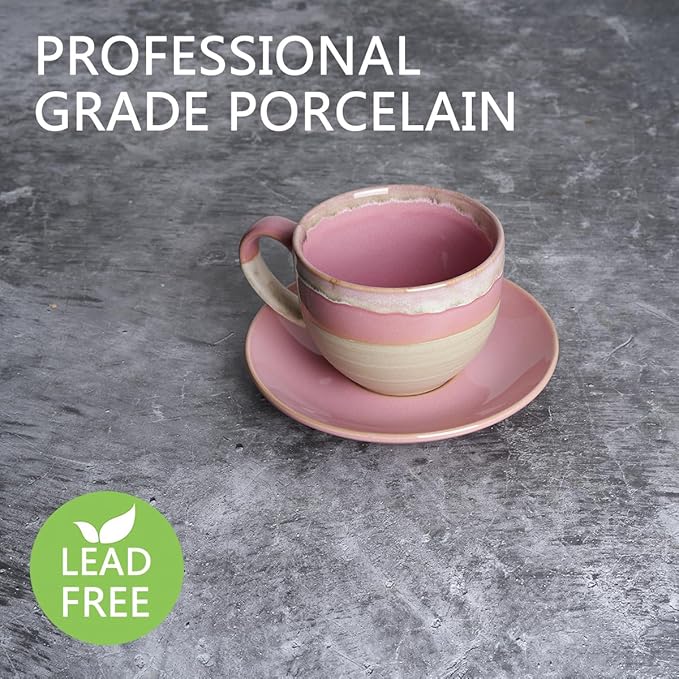 Bosmarlin Ceramic Cappuccino Cup and Saucer Set of 2, 10 Oz, Coffee Cups for Latte, Espresso, Tea, Dishwasher and Microwave Safe, Reavtive Glaze (Pink)