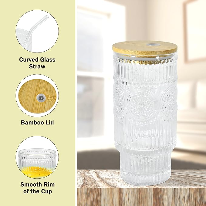 16oz Drinking Glasses Cups Set of 4 with Bamboo Lids Straws Brush Vintage Glassware Set for Mojito Iced Coffee Beer Cocktail Whiskey(Mixed)