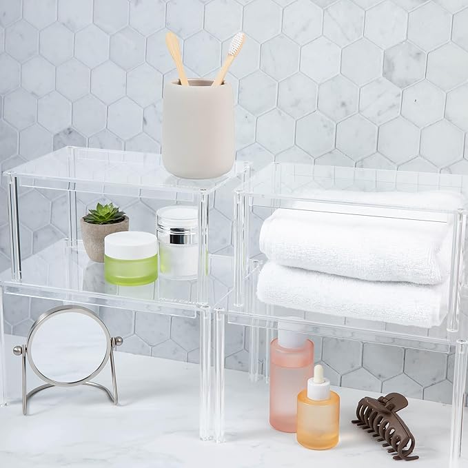 Acrylic Cabinet Shelf Organizer Set of 4 Spice Rack, Desk, Countertop Shelf, Bathroom, Pantry, Kitchen Storage, Refrigerator and Organization Stackable Shelves