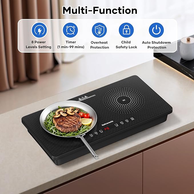1800W Portable Double Induction Cooktop – 2 Burner Countertop Electric Stove with Touch Control, Dot Pattern Panel, 8 Power Levels, Timer, Safety Lock, Compatible with Magnetic Cookware