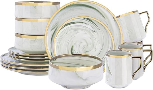 16 Piece Plates and Bowls Sets, Fine China Artisan Marbled Dinner Set for 4, Dishwahser Safe, Scratch Resistant, Green with Gold Line