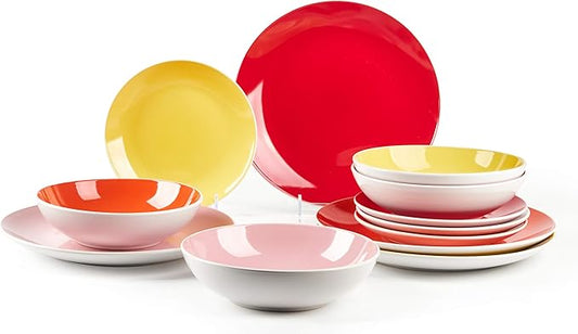 Stoneware Coupe Shape Dinnerware Set, Outside White + Inside (12pc Set, Very Rose)