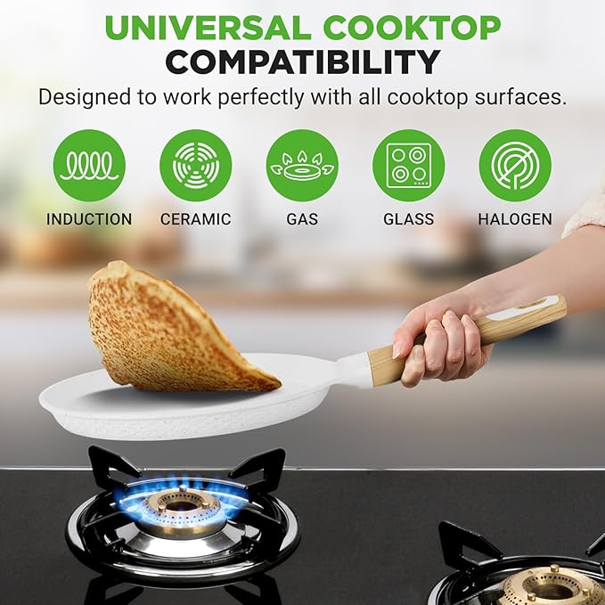 Nutrichef 2-Pack Non-Stick Crepe Pan Set, 9.4" Marble Coated Dosa Pans with Wooden Spreaders, Bakelite and Wood Handles, Induction-Compatible, Dishwasher Safe, Even Heat Distribution, White Cream