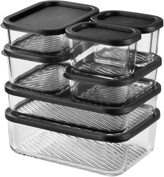 EATEX 7 Pack Glass Meal Prep Containers with Grooved Base, 7 Stackable BPA Free Glass Storage Containers with Lids for Lunch, Pantry, and Kitchen - Microwave, Dishwasher Freezer & Oven Safe - Black