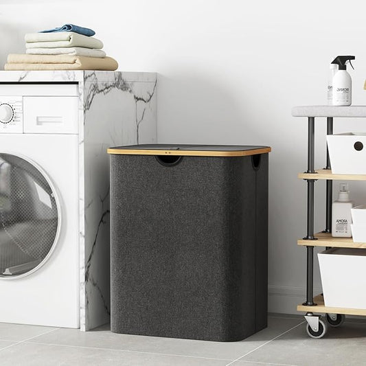 Lifewit 120L Laundry Basket with Lid, Clothes Hampers for Laundry with Bamboo Handles and A Removable Laundry Bag, Large Foldable Hamper for Bedroom, Bathroom, Dorm, Laundry Room, Dark Gray