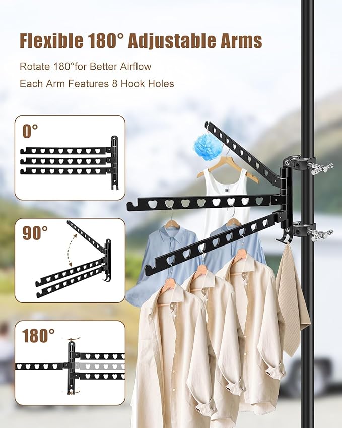 Aluminum RV Clothes Drying Rack 3 Swivel Arms, 180° Adjustable and 90° Fold-Up Storage, Rustproof No-Drilling Mount for Camper Trailer Boat Balcony Motorhome