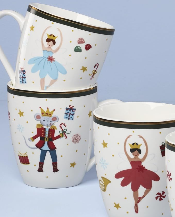 Lenox Coffee Mugs, Set Of 4 Nutcracker Ballet 13 Oz Coffee Mugs, Porcelain Material with Gold Accents, Dishwasher and Microwave Safe, Assorted Nutcracker Design, Christmas Decorations (13 Oz, 4 Piece)