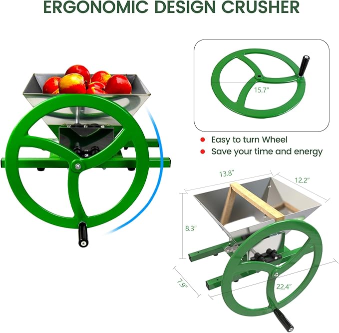 EJWOX Fruit and Apple Crusher – 7L Stainless Steel Manual Grinder with Large Flywheel Handle, Easy-to-Use Fruit Pulper for Juice, Wine, and Cider Pressing