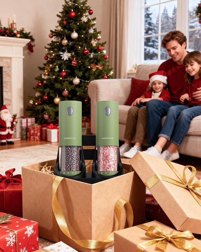 Electric Salt and Pepper Grinder Set - Automatic Refillable Salt and Pepper Grinders with Charging Base & LED Light, 6-Level Adjustable Coarseness with External Dial, Ideal Kitchen Gadget，Green