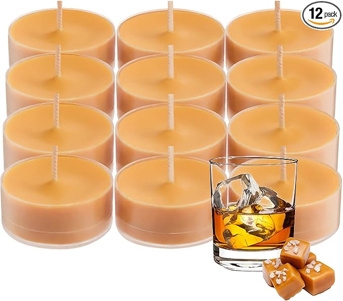 PartyLite Gift Set of 12 Universal Tea Lights, Salted Honey Bourbon Scented, Notes of Raw Honey and Bourbon with Vanilla Bean and Sea Salt, 4-6 Hour Burn Time, Luxurious & Rich, Perfect for Gifting