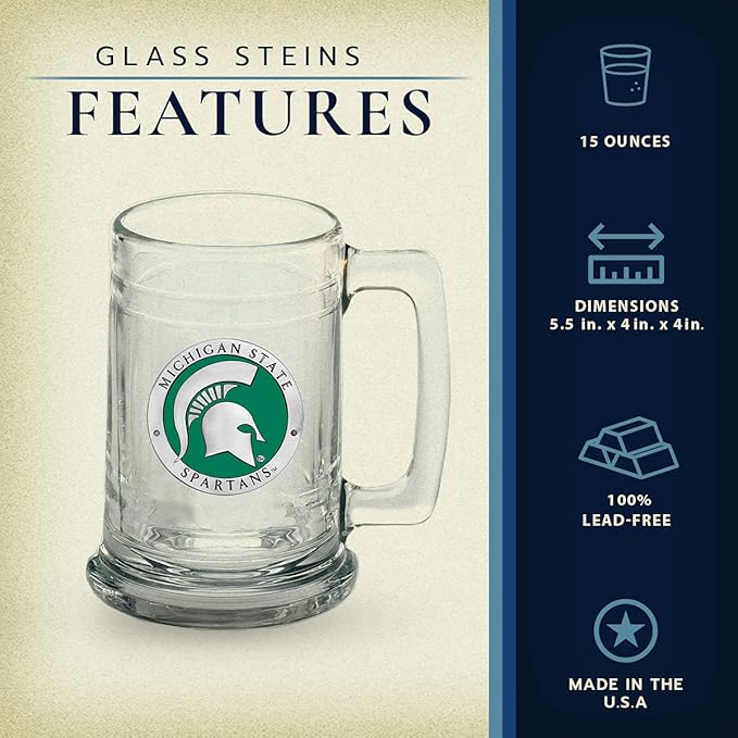 Heritage Pewter Michigan State Beer Stein Glass | 15 Ounce German-Style Beer Glass | Intricately Crafted Metal Pewter Alma Mater Inlay