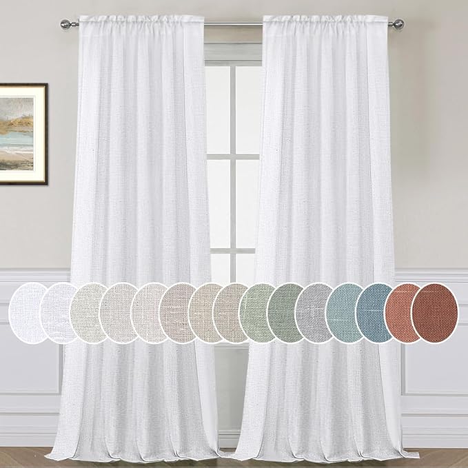 H.VERSAILTEX Linen Curtains Pair Set Functional Open Weave Curtain Highly Durable Rod Pocket Extra Long 108 Drapes for Living Room/Bedroom, Privacy Assured (9 FT Tall, Heathered White)