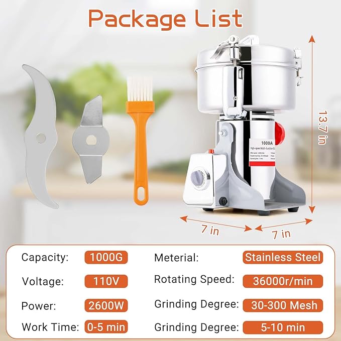 Electric Grain Mill Grinder 1000g Stainless Steel Pulverizer 36000r/min High-speed Grain Mill 2600W Dry Material Grinding Machine 270° swingable Superfine powder for Home and Commercial