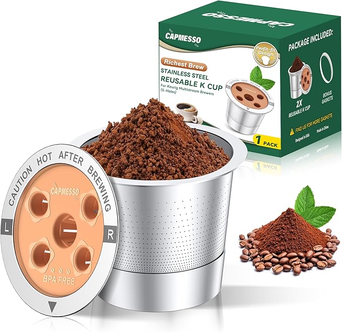 CAPMESSO Reusable K Cups for Keurig: 2025 Updated My K Cup Stainless Steel Coffee Filter Refillable Coffee Pods for K Supreme/K Slim/k-Duo Gen 2/K-Brew Chill with Multistream Technology (1 Pack)