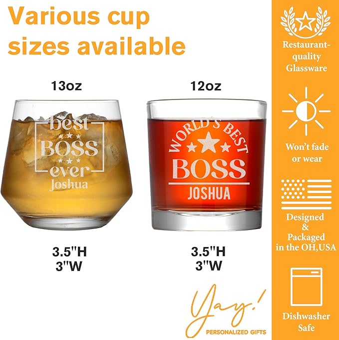 Personalized Boss Gifts for Men, Custom Whiskey Glass with Engraved Name, Birthday Farewell Retirement Christmas Boss Day Gift for Coworkers Staff Leader Office Decor