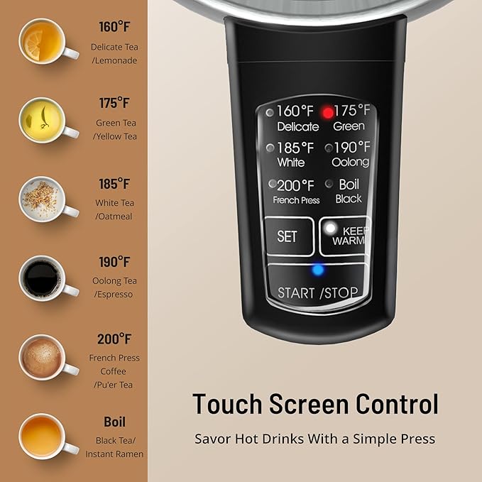 Electric Kettle Temperature Control, 1.7L Stainless Steel Tea Kettle, BPA-Free Hot Water Boiler with LED Light,1500 Watts for Fast Heat Up, Auto Shut-Off, Boil-Dry Protection, Keeping Warm