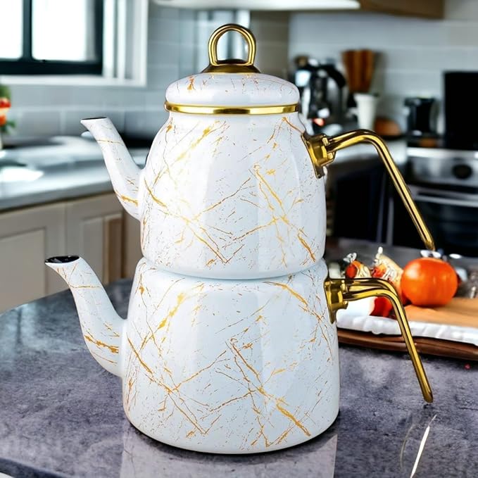 Vintage Turkish Teapot Tea Pots Kettle Set for Stovetop Stove Top Decorative Infuser Party Cups Glasses Floral Unique Boiler Samovar Strainer Loose Leaf Kitchen Style Enamel Decor (White-Gold)