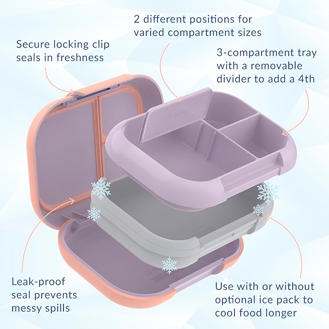 Bentgo Chill Max Leak-Proof XL Lunch Box - Included Ice Pack Keeps Food Cold; 5-Cup Capacity for Adults & Ages 8+, 3 or 4 Compartment Bento Box, BPA-Free, Dishwasher Safe (Lavender & Peach Blossom)