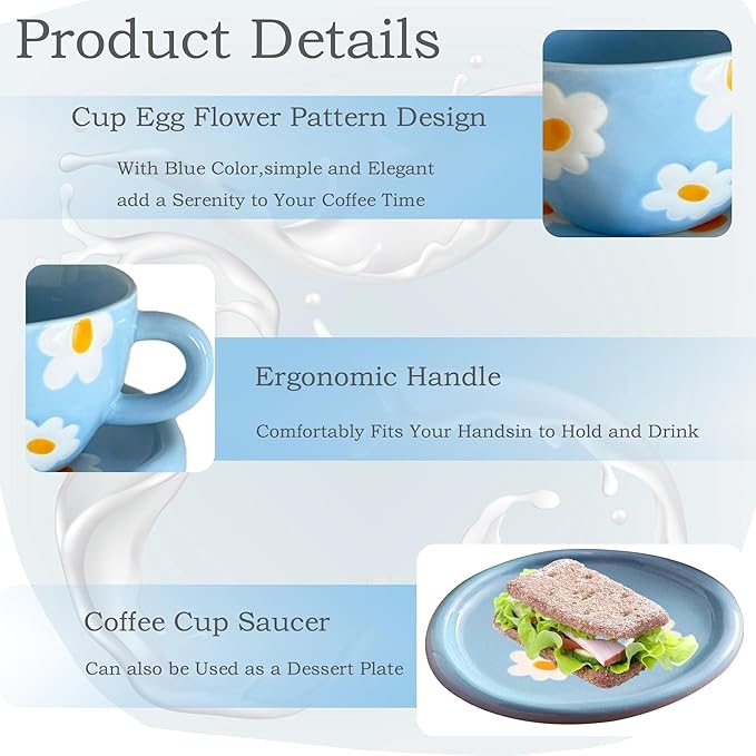 Coffee Mugs Set with Saucer Blue Flowers Cup Gifts for Women Birthday Tea Coffee Mug with Coaster 250 ML Ceramic Cup Birthday Gift for Women Girls Mom Friend Coffee Mug aucer Set