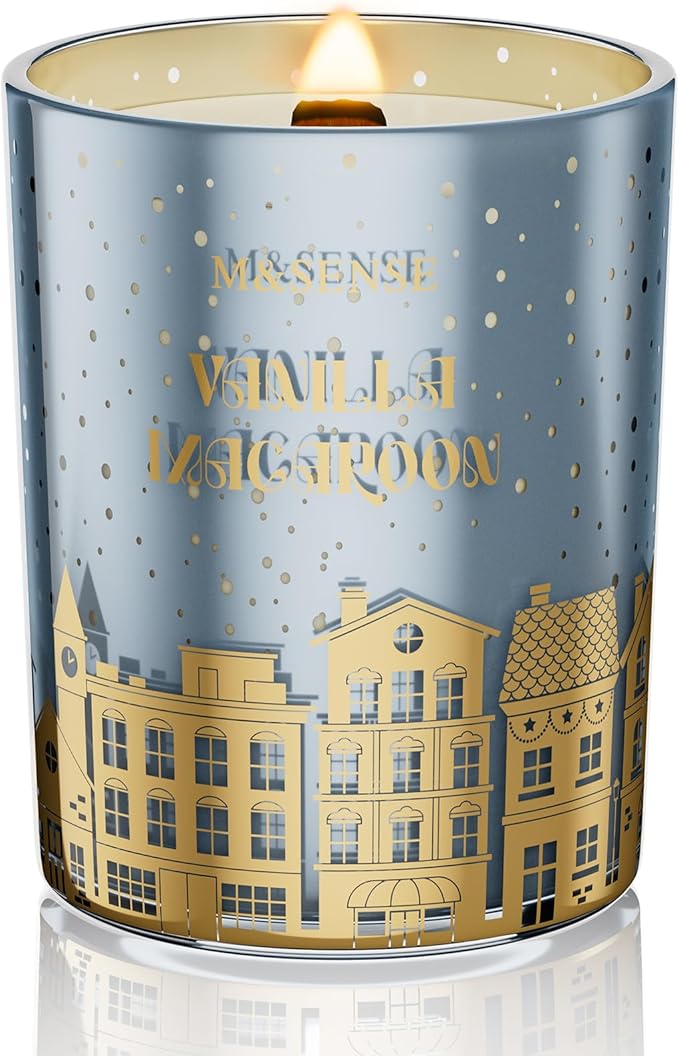 M&SENSE Vanilla Macaroon Wooden Wick Christmas Candle, Large 18oz 100 Hours Long Lasting Burn Time, Natural Soy Wax Non Toxic, Perfect Jar Candle Gifts for Holiday Birthday Celebration