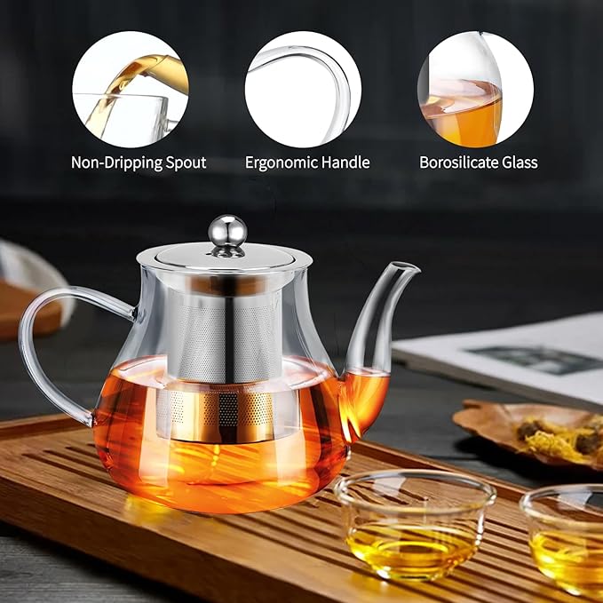 Glass Teapot 14oz/400ml with Removable Infuser, Borosilicate Clear Tea Kettle, Stovetop Safe Tea Kettle Blooming Loose Leaf Teapots, for Camping, Travel