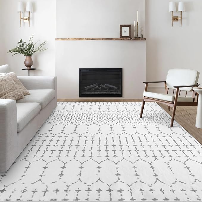Lahome Moroccan Machine Washable Rugs - 6x9 Rug for Living Room Non-Slip Large Area Rug Lightweight Throw Non-Shed Dining Room Rug, Geometric Print White Soft Floor Carpet for Bedroom Classroom Office