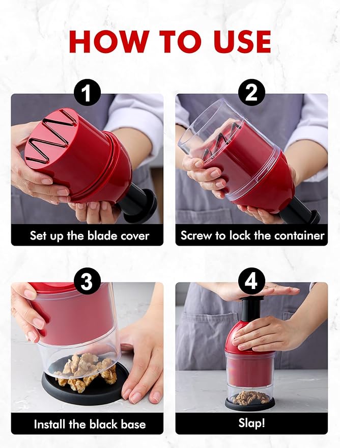 Food Chopper, Hand Chopper Dicer Easy to Clean, Manual Slap Vegetable Cutter Onion Dicer, Garlic Mincer for Onion, Nut, Tomato, Pepper, Celery, etc, Red