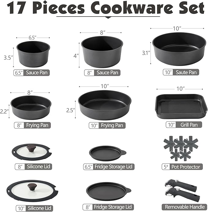 SENSARTE 17 Piece Pots and Pans Set, Nonstick Detachable Handle Cookware Set, Induction Kitchen Cookware Set with Removable Handle, Healthy Non Stick for RV, Dishwasher ＆ Oven Safe, PFOA Free (Black)