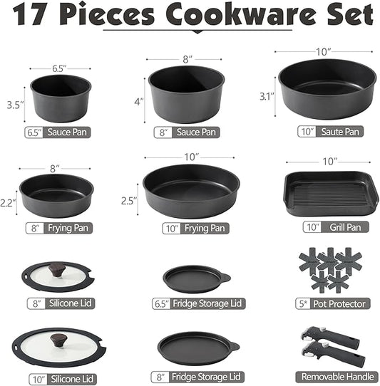 SENSARTE 17 Piece Pots and Pans Set, Nonstick Detachable Handle Cookware Set, Induction Kitchen Cookware Set with Removable Handle, Healthy Non Stick for RV, Dishwasher ＆ Oven Safe, PFOA Free (Black)