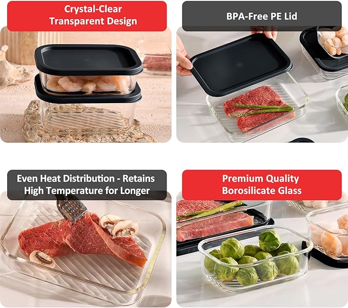EATEX 7 Pack Glass Meal Prep Containers with Grooved Base, 7 Stackable BPA Free Glass Storage Containers with Lids for Lunch, Pantry, and Kitchen - Microwave, Dishwasher Freezer & Oven Safe - Black