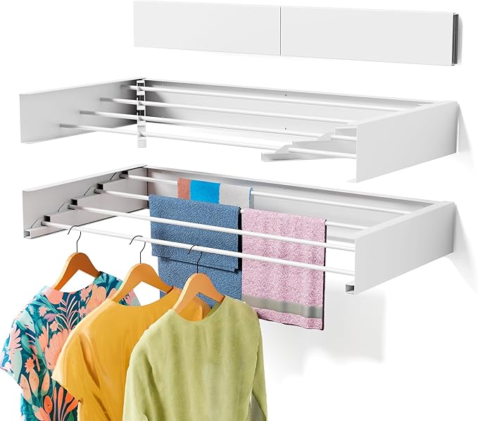 Laundry Drying Rack Collapsible, Wall Mounted Clothes, Retractable Wall Drying Rack, 24" Wide, 4 Aluminum Rods, Max 60 lb Capacity (White, 23.6'')