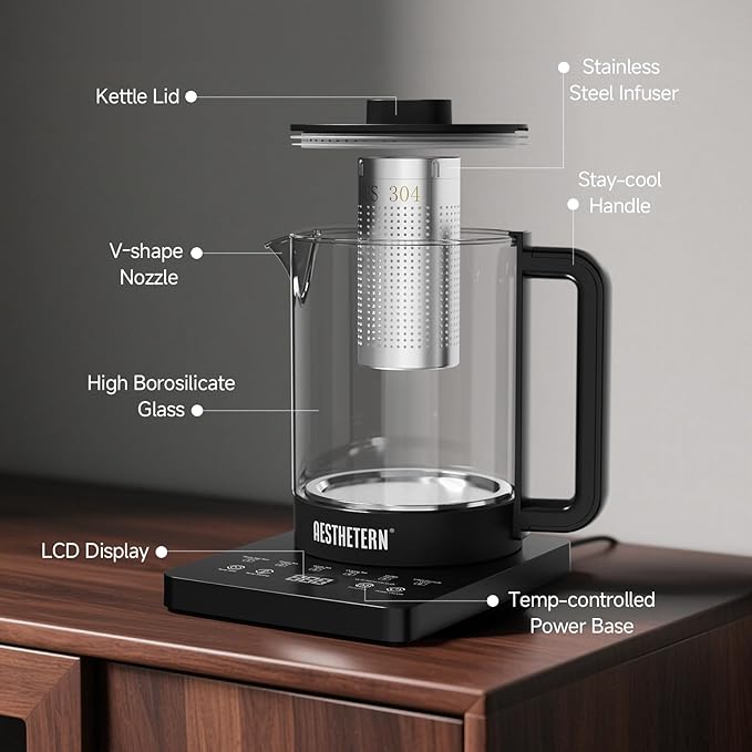 Electric Tea Kettle with Infuser Temperature Control and Automatic Shut Off 24 H Keep Warm for Coffee Water Heater and Tea Pot Glass Black 1.5L