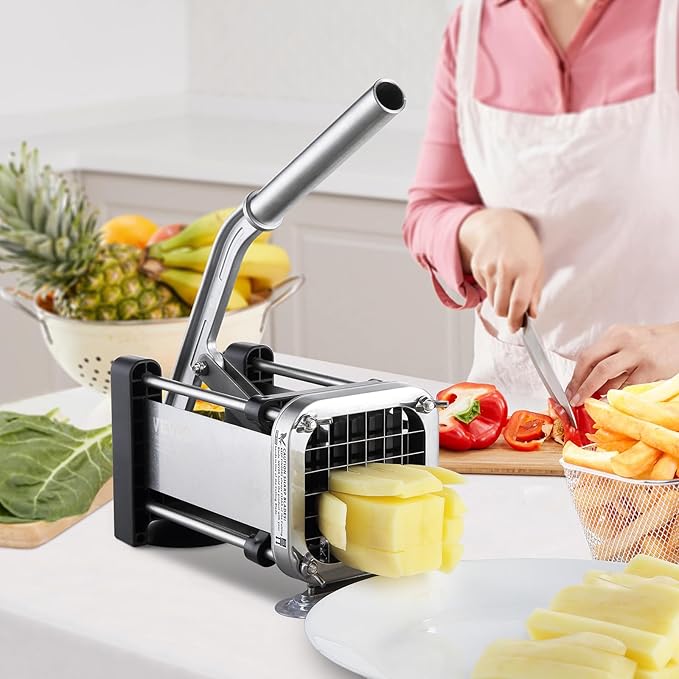 VEVOR French Fry Cutter, Potato Slicer with 1/2-Inch and 3/8-Inch Stainless Steel Blades, Manual Potato Cutter Chopper with Suction Cups, Great for Potato, French Fries, Cucumber, Vegetables, Carrot