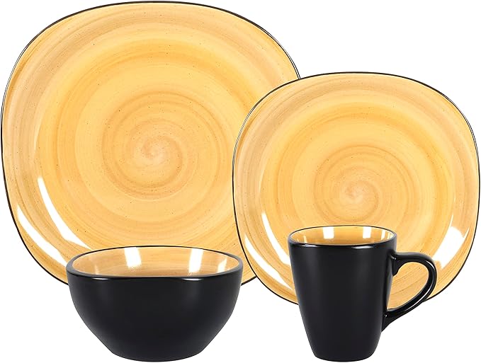Stoneware Square 16pc Dinnerware Set, Inside Spinwash Swirl Yellow + Outside Black