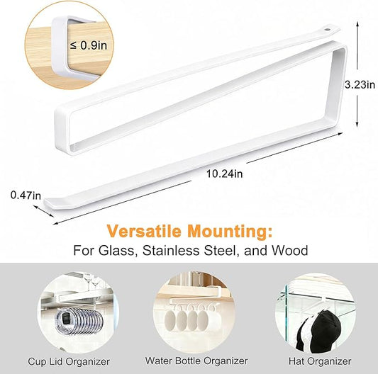 Tumbler Lid Organizer Rack for Cabinet, No-Drill Holder Holds 10 Lids for Stanley Yeti Ozark Trail - Space Saving & Anti-Drop Under Cabinet Storage, Adjustable Rustproof Metal Organizer