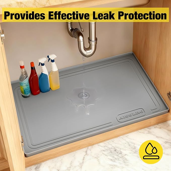 Under Sink Mat 25" X 19", Waterproof Silicone Under Sink Mats for Kitchen, Anti-Leak Shelf Liner & Cabinet Protector with Raised Edge, [BPA Free] Bathroom Tray Home Organizer, Grey