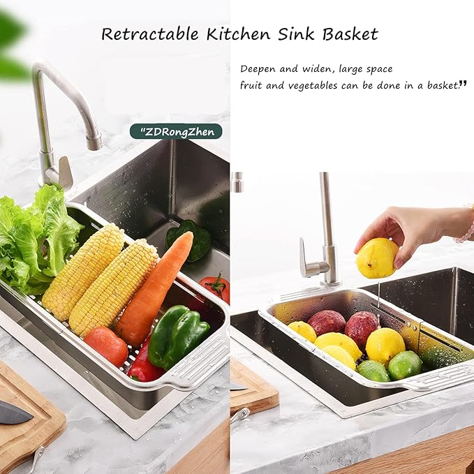 ZDRongZhen Kitchen Supply-Over the Sink Colander Strainer Basket Stainless Steel Retractable Kitchen Sink Basket -Wash Vegetables and Fruits, Drain Pasta and Dry Dishes,Extendable (Medium Silver)