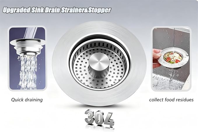 2Count 3-in-1 Kitchen Sink Drain Strainer & Stopper - SUS 304 Stainless Steel Pop Up Plug with Anti-Clog Basket & Odor Prevention, Fits US Standard 3-1/2'' Drain Hole