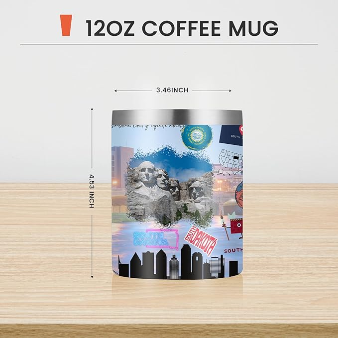 12oz Coffee Mug South Dakota State Insulated Coffee Cups, United States Map Travel Mug Landmark, Birthday Gifts Cute Mugs with Lid and Straw Gifts for Mom