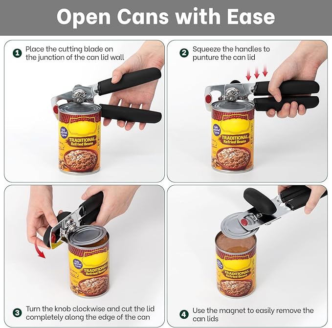 Beneno Upgrade Smooth-Operating Manual Can Opener with Magnet Lid Lifter, Ultra Sharp Steel Cutting Wheel & Easy Turn Knob, Comfort Grip Handles Effortless to Use, Multifunction Bottles Opener, Black