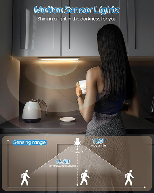 HIBOITEC Motion Sensor Cabinet Light 2500mAh 2 Packs Rechargeable 54LED Under Counter Closet Lighting, Wireless Night Light for Cabinet, Drawer, Wardrobe, Kitchen, Hallway
